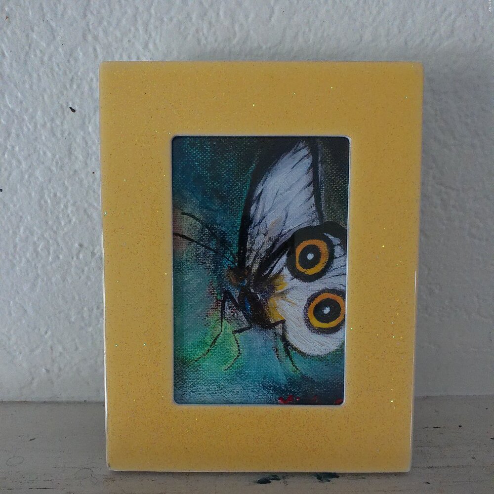White Butterfly 4x6 Art print within a yellow glitter / shiny wood Frame